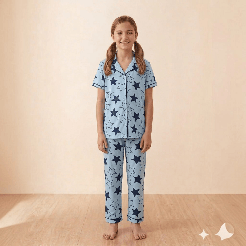 City Center girls light blue pajama set with navy star print, button-down shirt, and contrast piping.