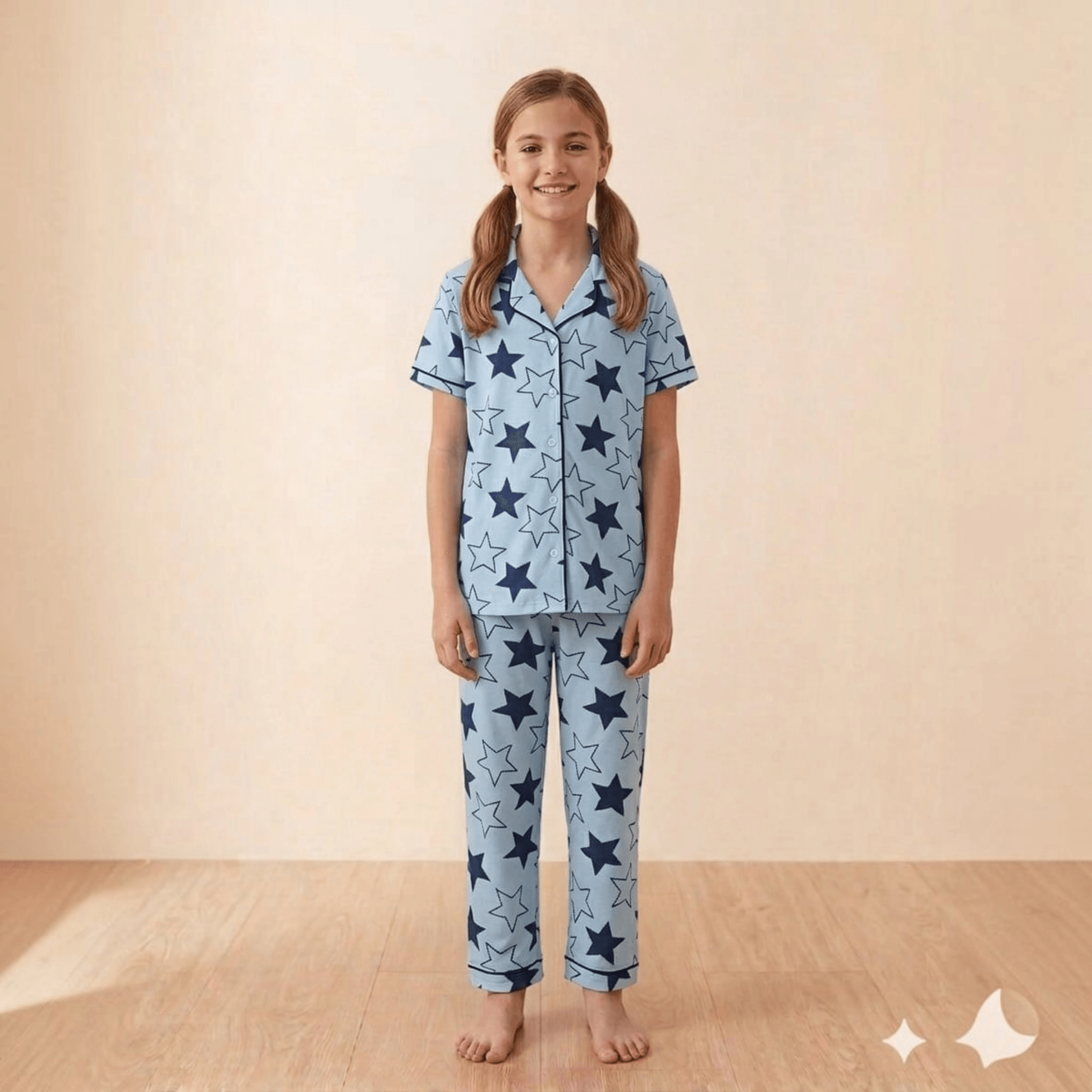 City Center girls light blue pajama set with navy star print, button-down shirt, and contrast piping.