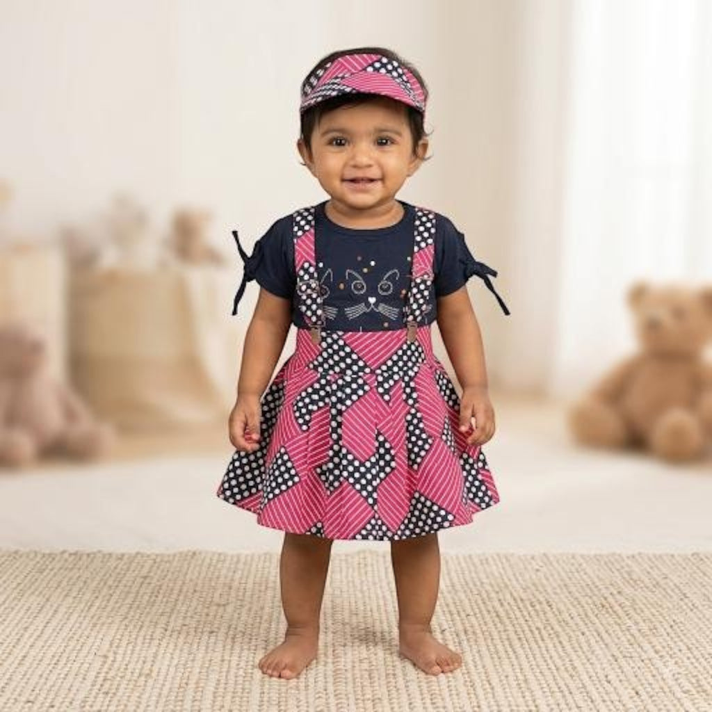 City Center Shishu Care girls ethnic outfit featuring a navy cat print top and pink geometric polka dot skirt set