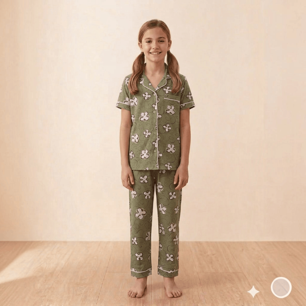 City Center girls' green floral print button-down pajama set with contrast piping for comfortable sleepwear.