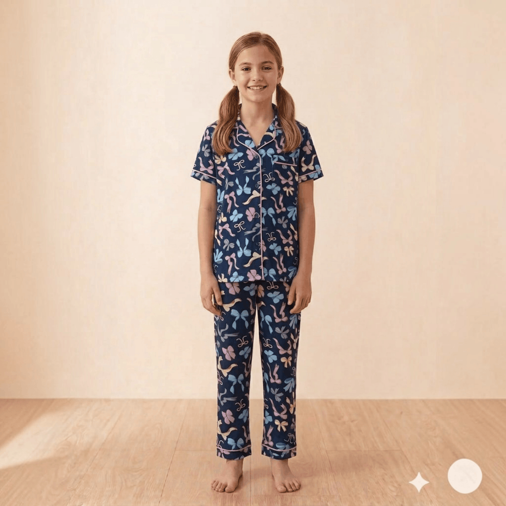 City Center girls navy blue pajama set with colorful bow print, button-down shirt, and contrast piping.