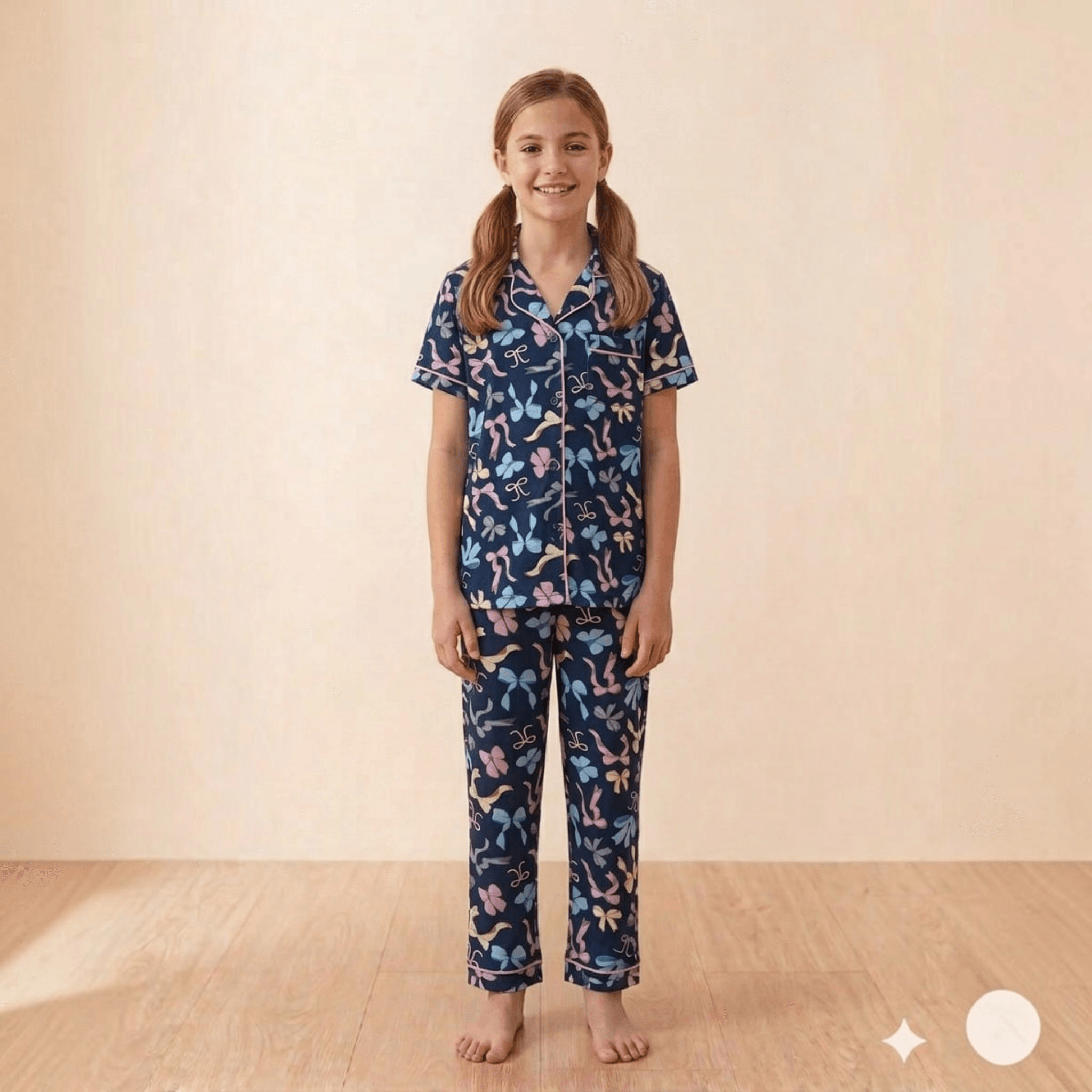 City Center girls navy blue pajama set with colorful bow print, button-down shirt, and contrast piping.