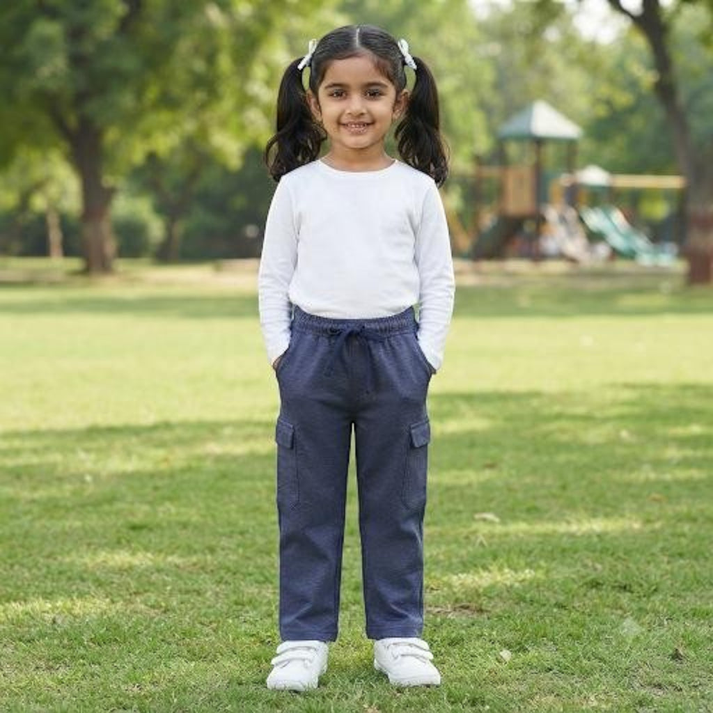 City Center girls' navy blue ethnic cargo pants with an elasticated drawstring waist, worn in a park setting.