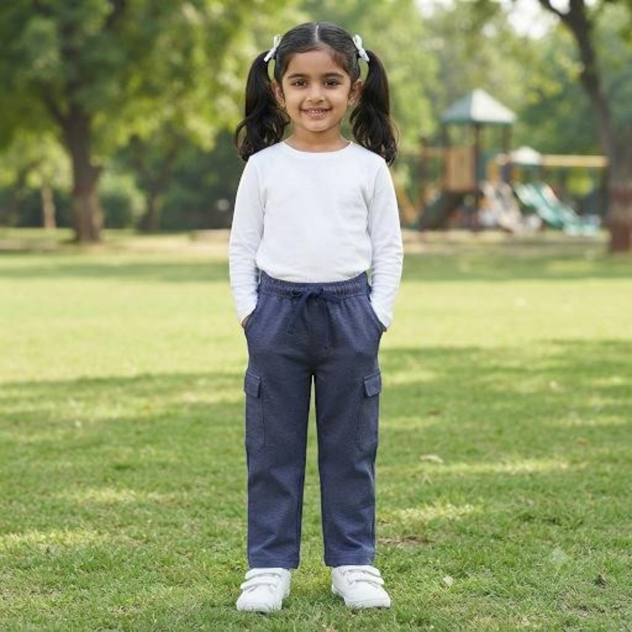 City Center girls' navy blue ethnic cargo pants with an elasticated drawstring waist, worn in a park setting.