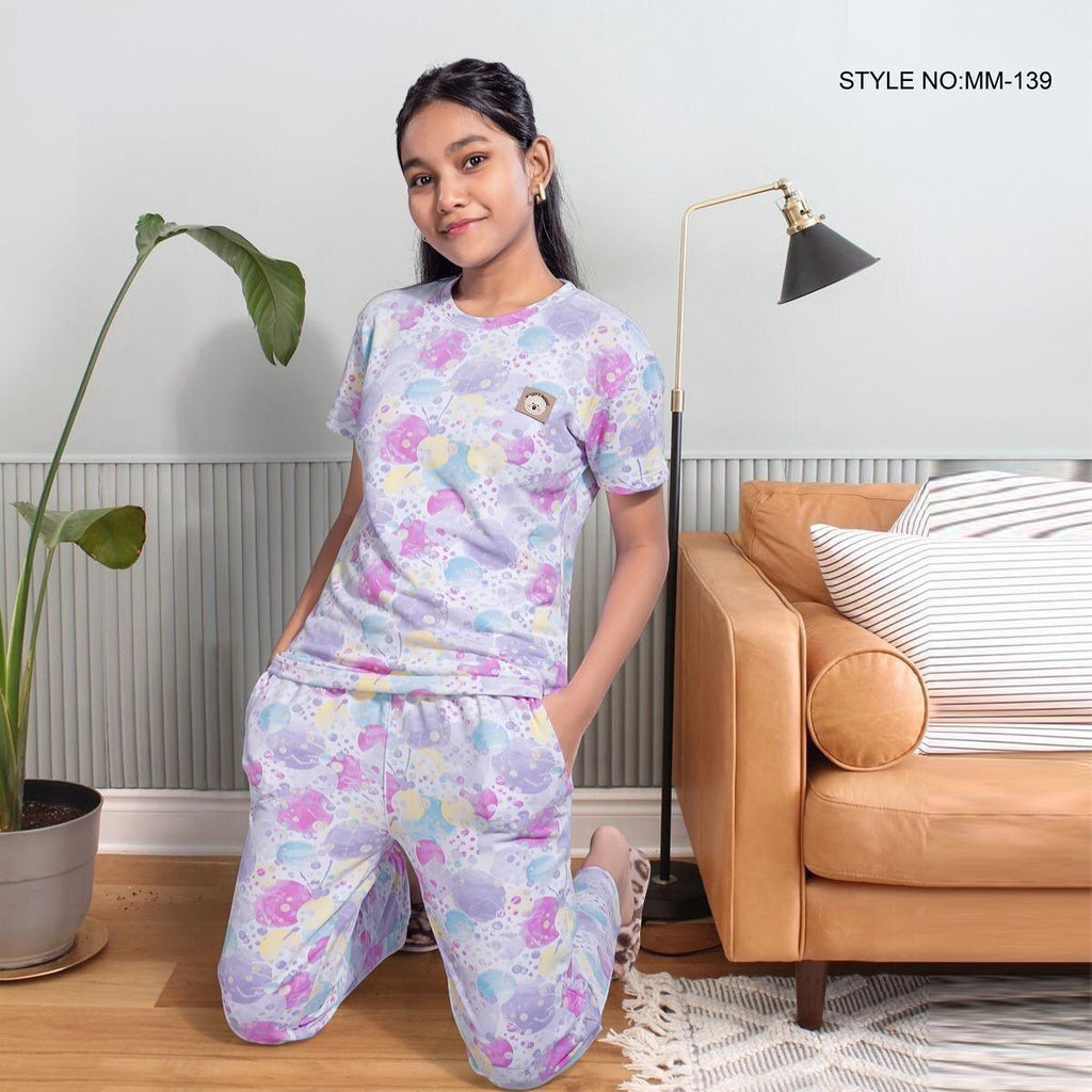 City Center girls premium looper fabric cord set in a pastel purple multi-color paint splatter print