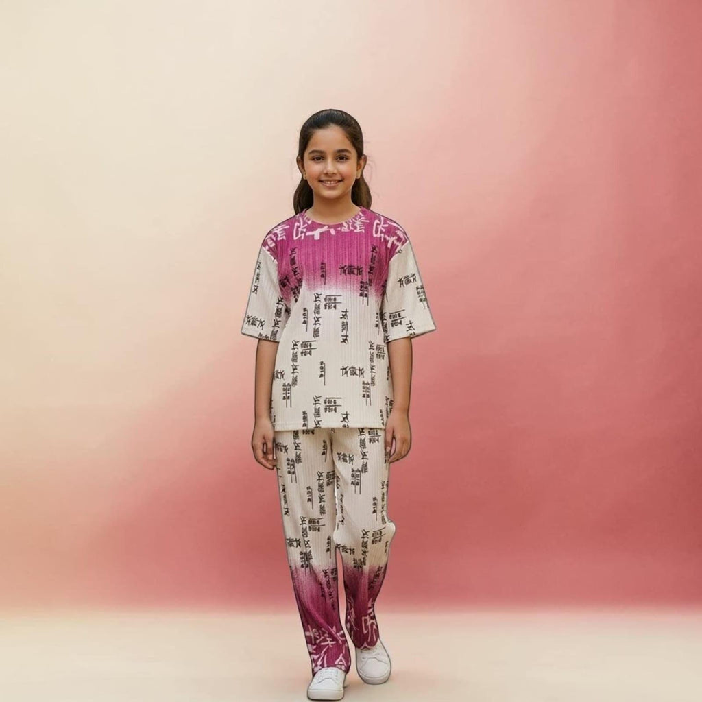 City Center girls pleated co-ord set with ombre pink and cream typography print top and matching trousers