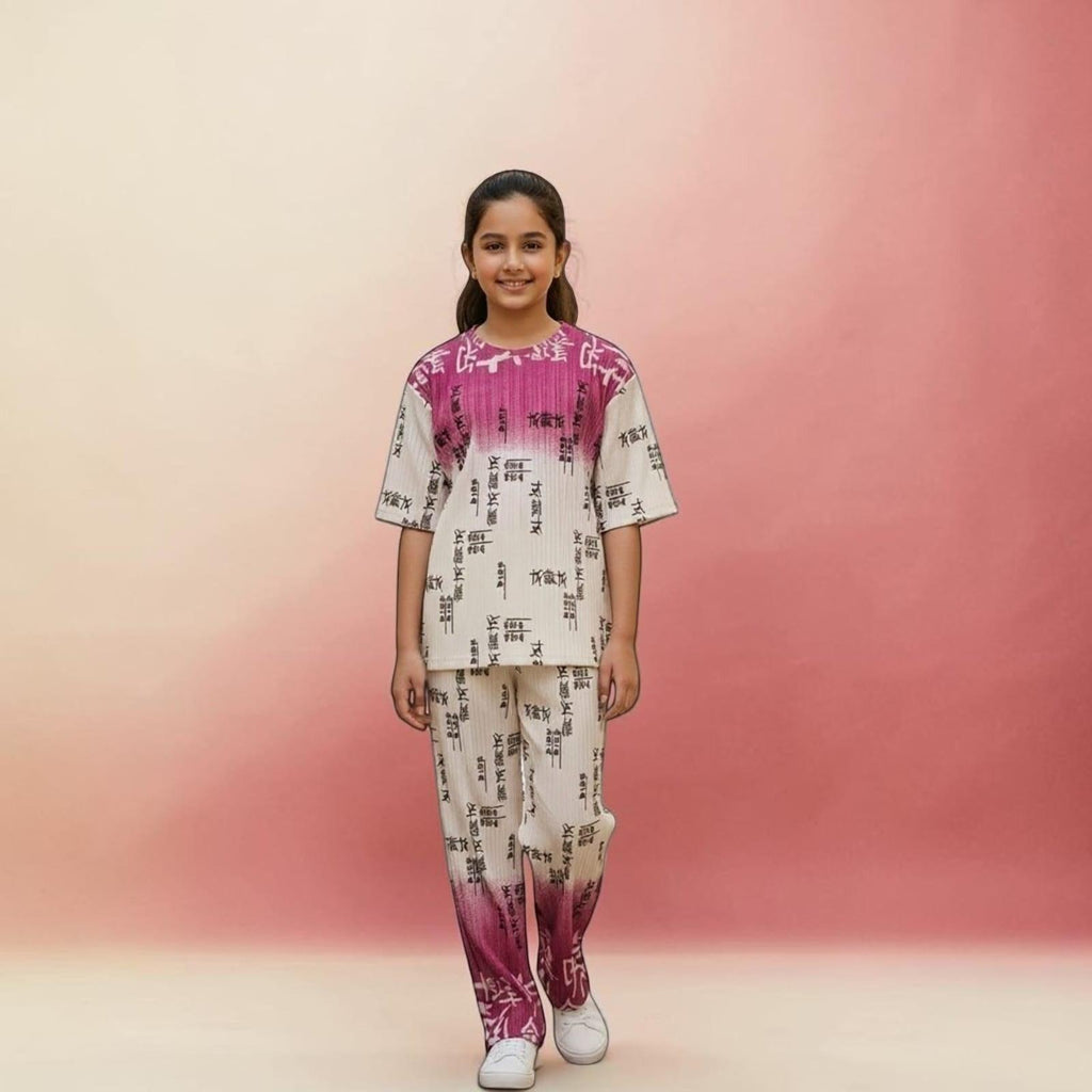 City Center girls pleated co-ord set with ombre pink and white gradient and modern typography print