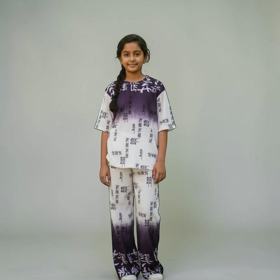 City Center girls pleated co-ord set with purple ombre gradient and modern typography print on white fabric