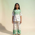 City Center girls pleated co-ord set with green ombre gradient and black typography print on white fabric