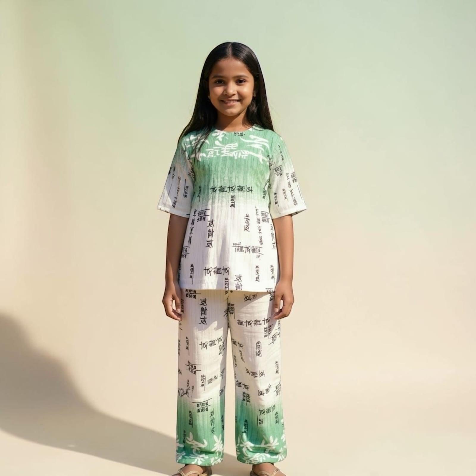 City Center girls pleated co-ord set with green ombre gradient and black typography print on white fabric