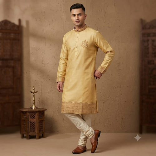 City Center Bappa Festival Kurta in gold silk blend with Ganesha embroidery, paired with cream churidar and loafers.