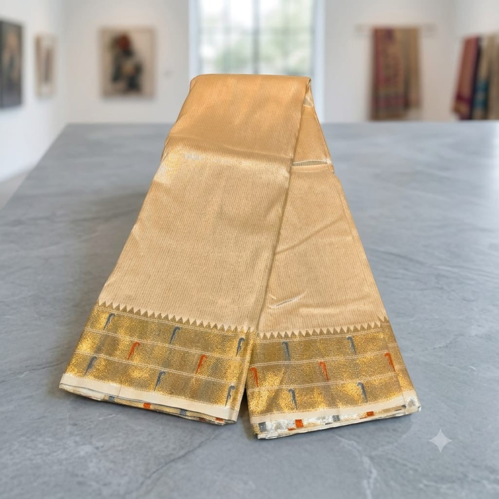 City Center Muniya Paithani silk saree in gold with traditional parrot motifs and intricate zari border