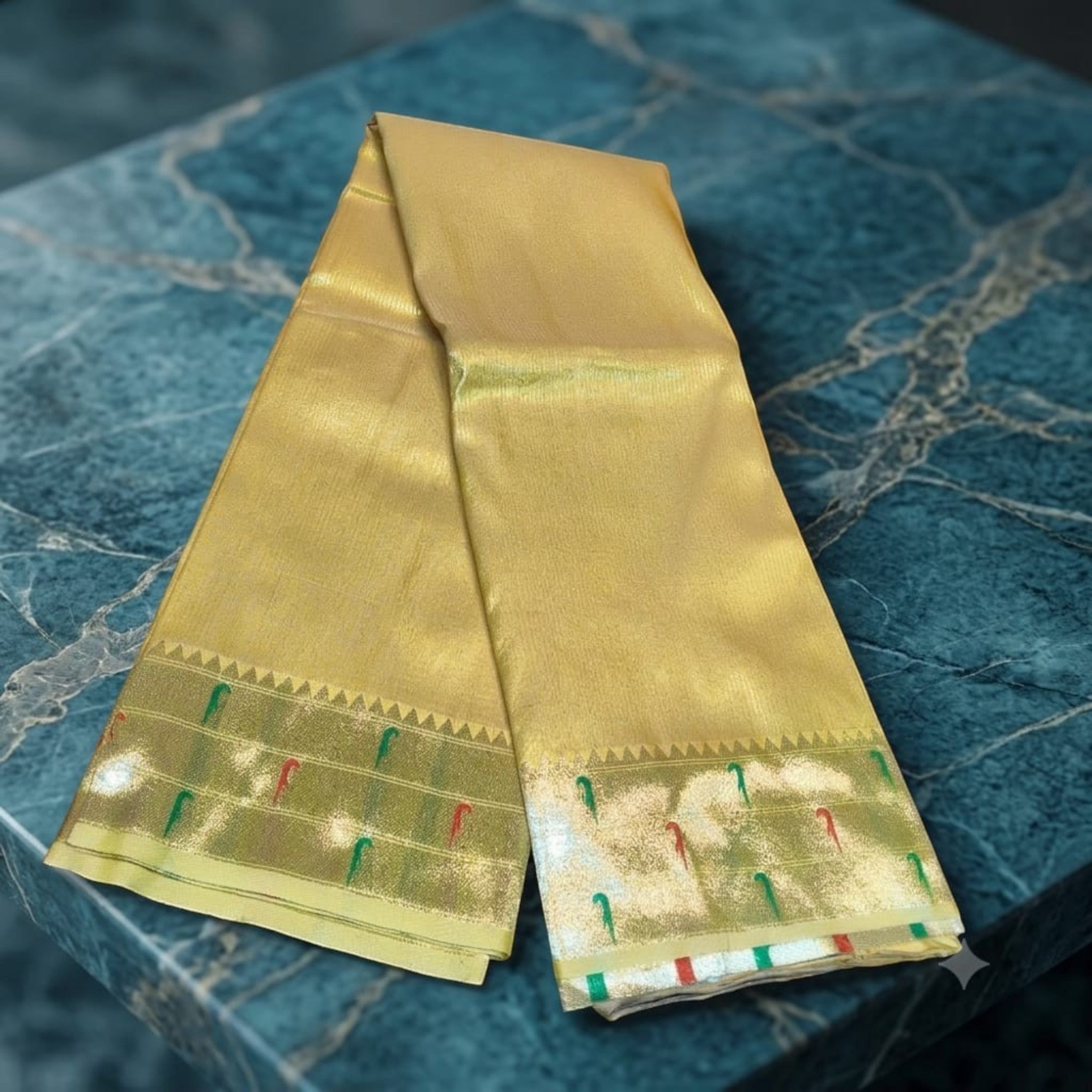 City Center Muniya Paithani silk saree in gold with traditional parrot motifs and intricate zari border detail