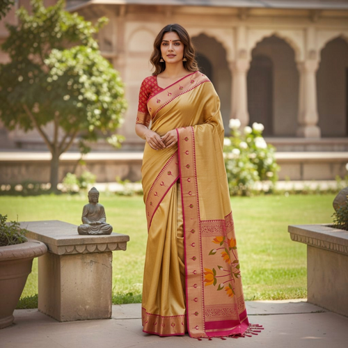 City Center golden tissue Paithani saree with lotus motifs and a red blouse, worn by a woman in a garden setting.
