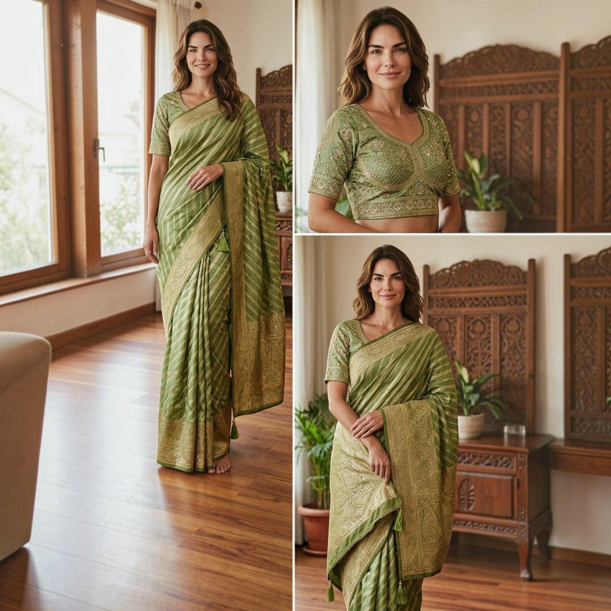 City Center model wearing a sage green Banarasi saree with gold zari borders and an intricate Aari work blouse