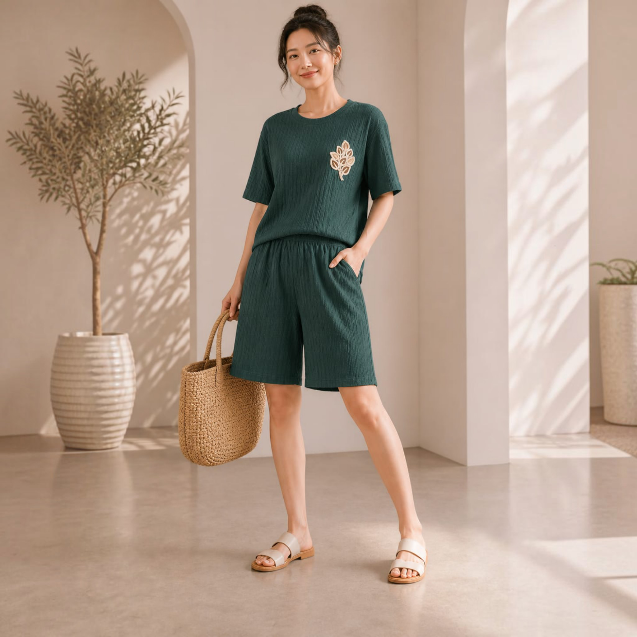 City Center dark green co-ord set with a short-sleeve top and shorts, worn by a woman with a straw tote bag.