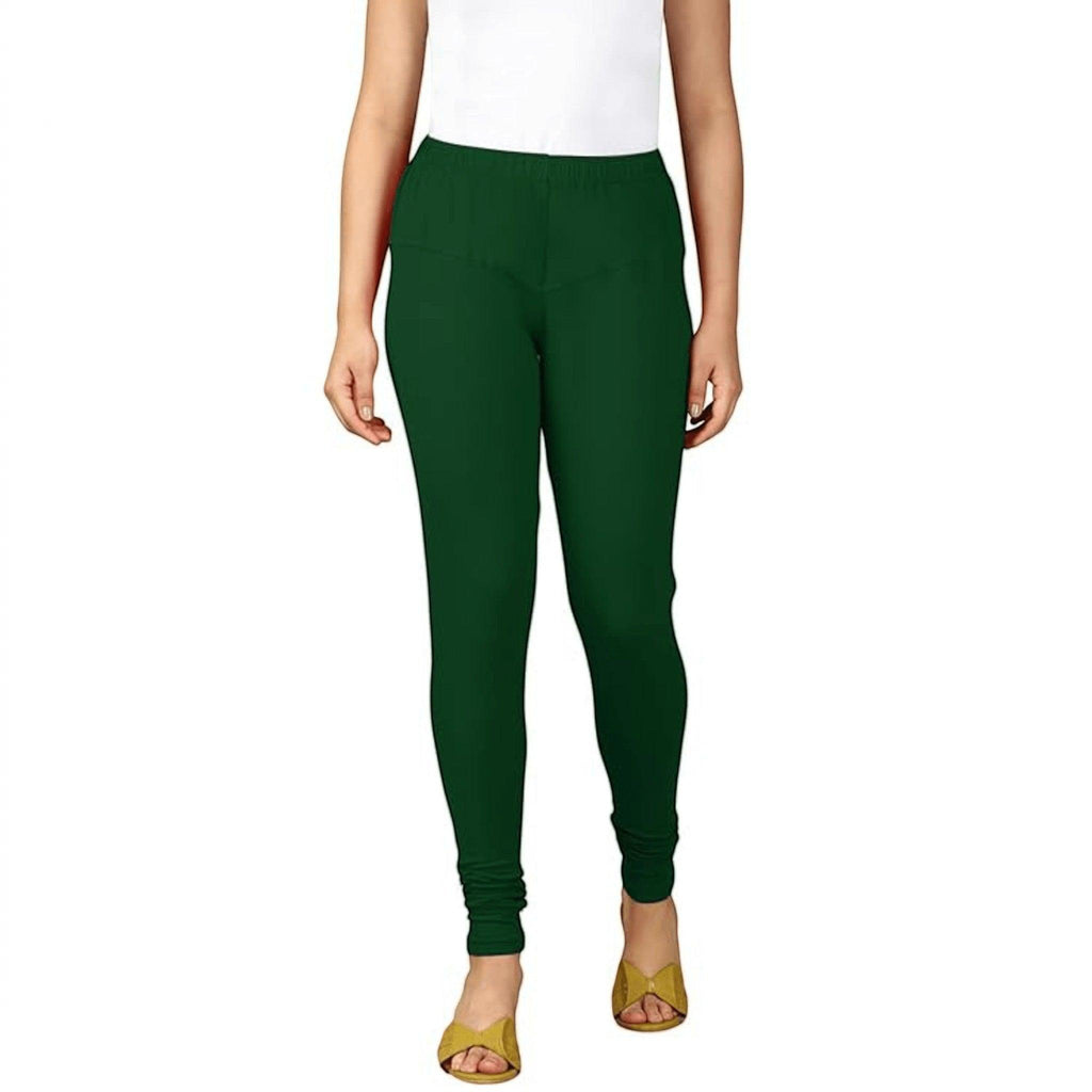 City Center dark green cotton lycra churidar leggings worn by a woman with a white top for a comfortable fit.