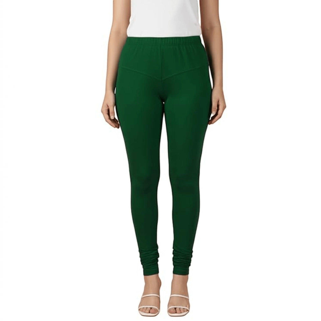 City Center green cotton lycra churidar leggings for women with a comfortable pull-on design and full-length fit.