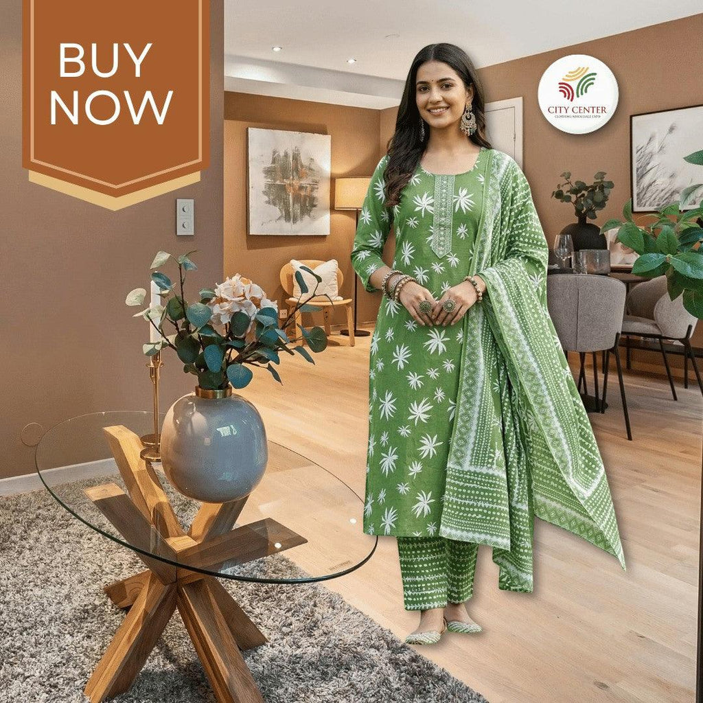 City Center green cotton kurti set with white floral Jaipuri print, worn by a woman in a modern living room.
