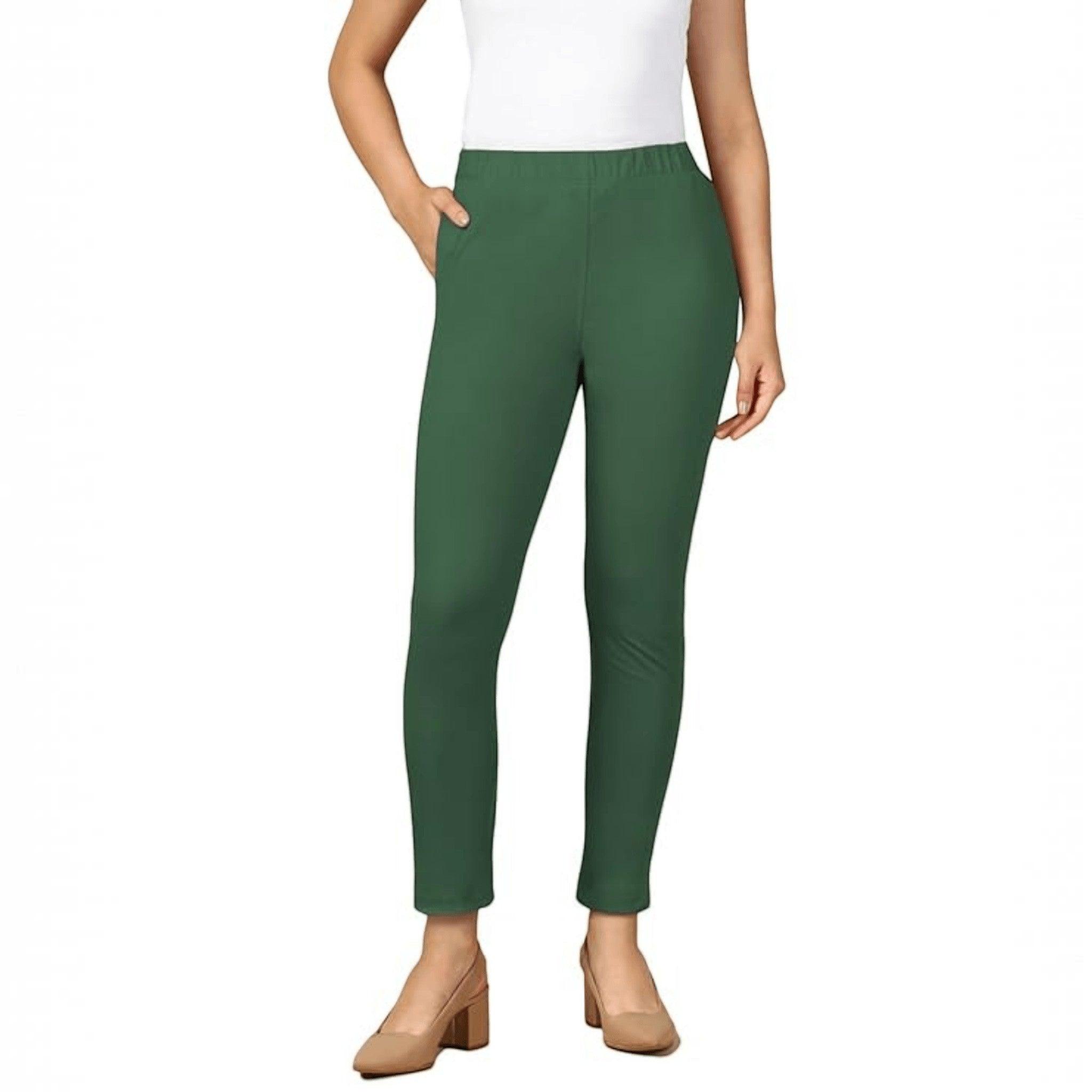 City Center PYNK by Lux Cozi green cotton lycra kurtipant with elasticated waistband and side pocket on a model