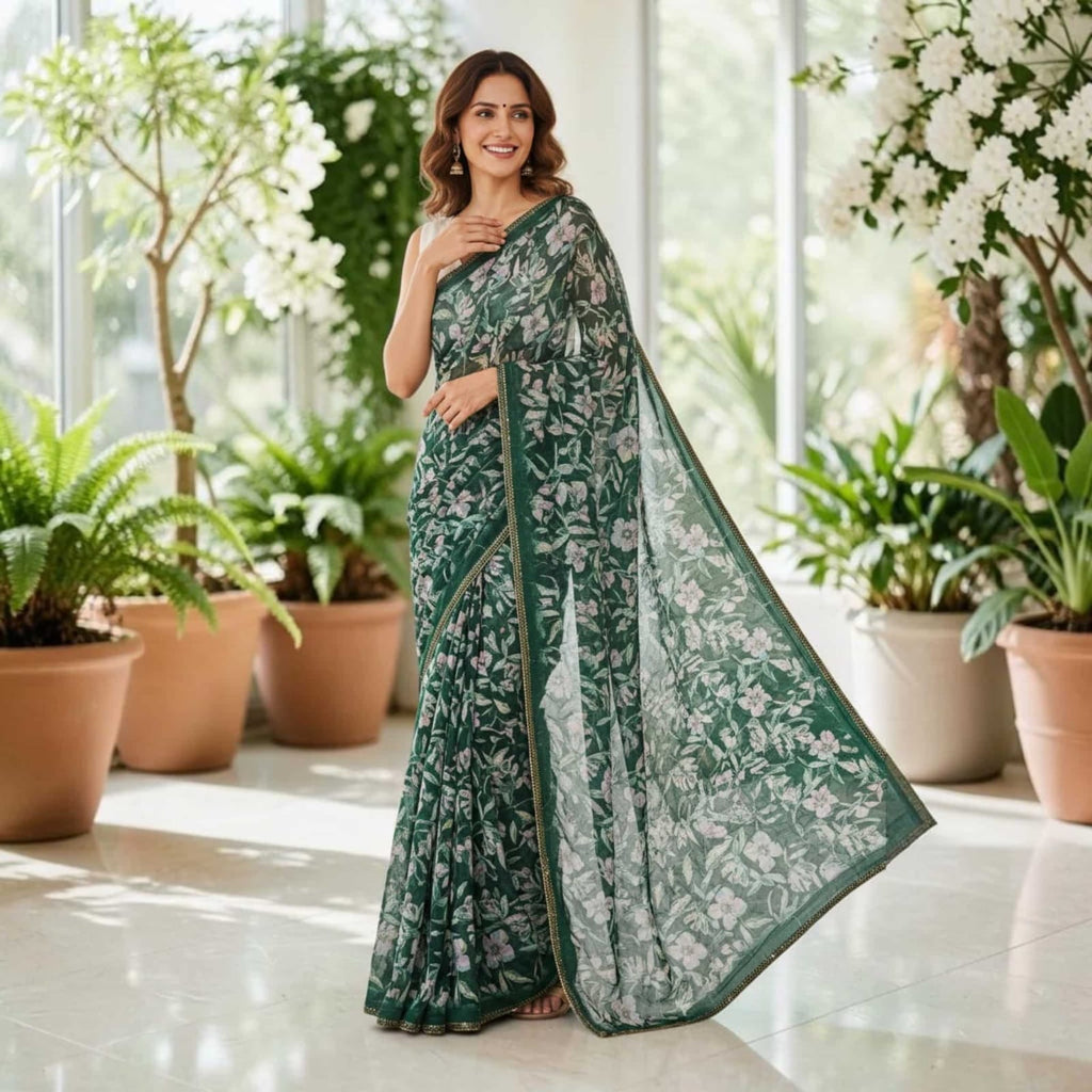 City Center chiffon saree in dark green with delicate white floral prints, worn by a smiling woman in a sunlit room.