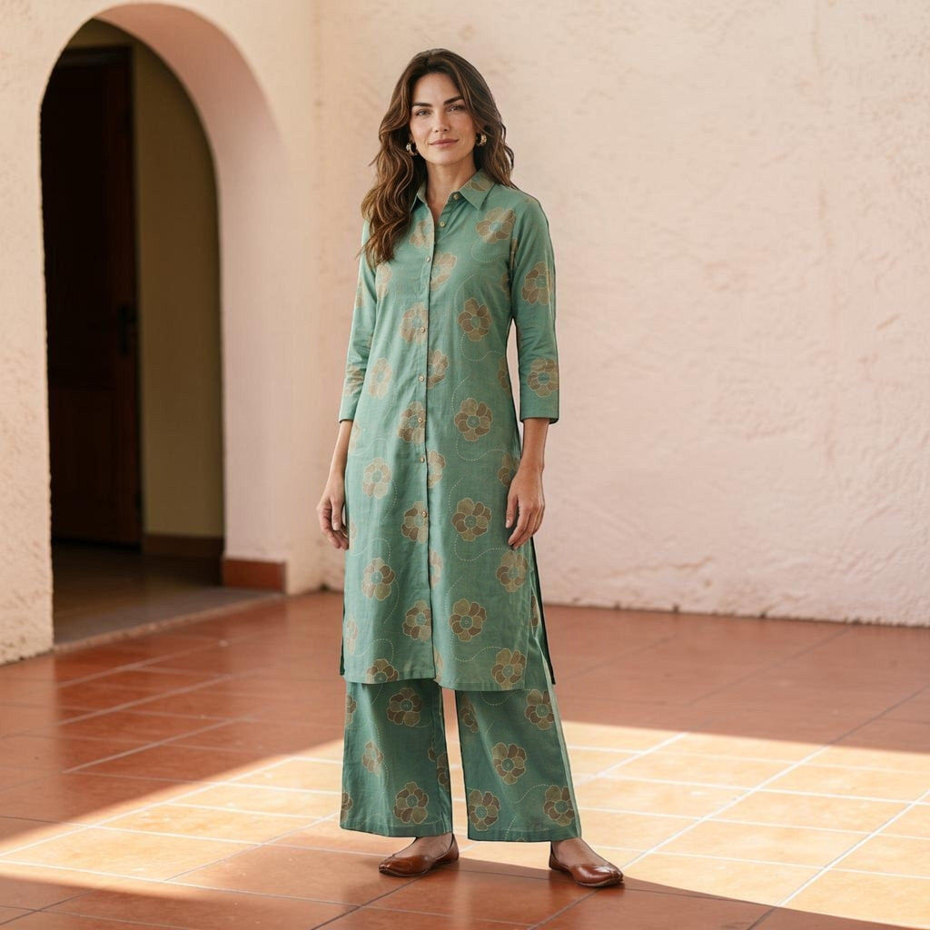 City Center green vertical fabric co-ord set with floral print, collar neck, 3/4 sleeves, and wide-leg palazzo pants.
