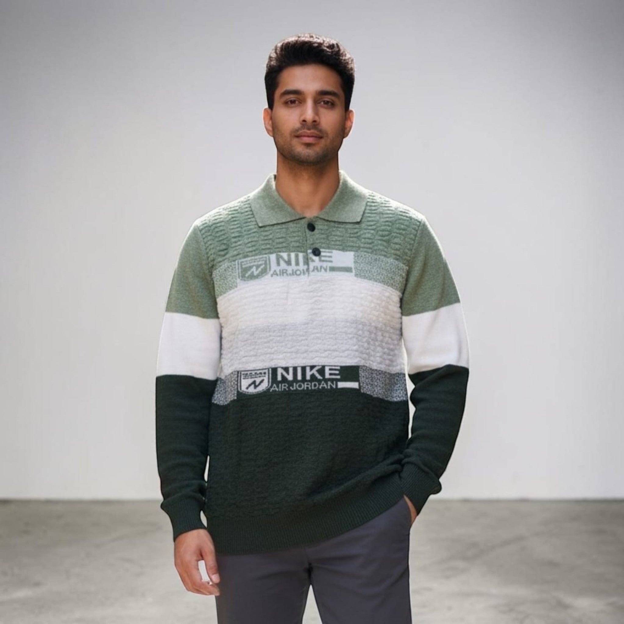City Center men's green and white color-block knit polo sweater with textured Nike Air Jordan logo detailing