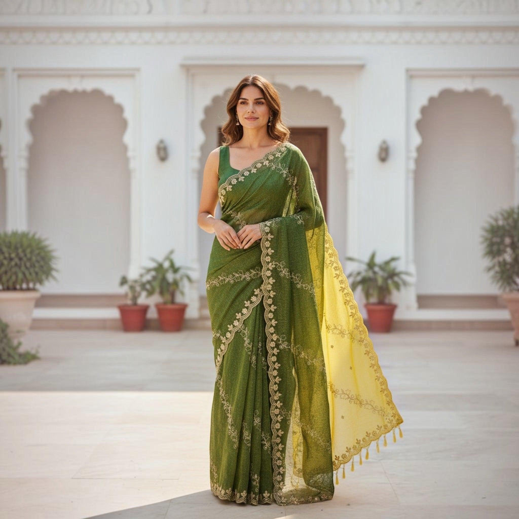 City Center green organza saree with intricate beadwork and a contrasting yellow pallu worn by a woman outdoors.
