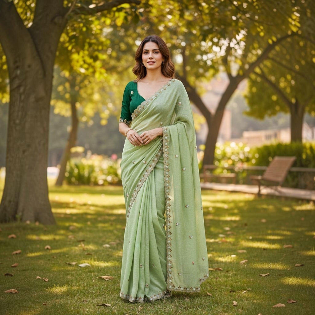 City Center light green organza saree with beadwork and contrast dark green blouse worn by a woman in a park