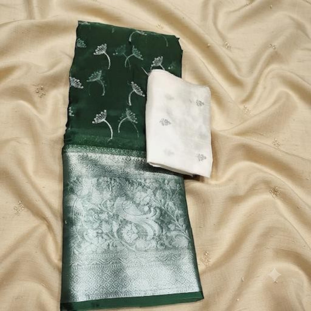City Center beet work organza saree in dark green with silver embroidery and a contrasting white blouse piece