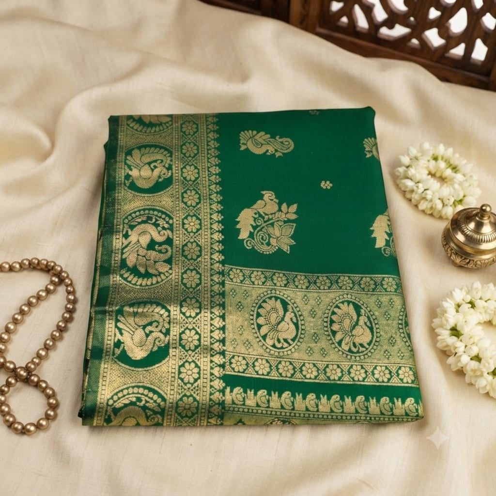 City Center Mayurakshi Paithani saree in emerald green with intricate gold zari peacock motifs and traditional border