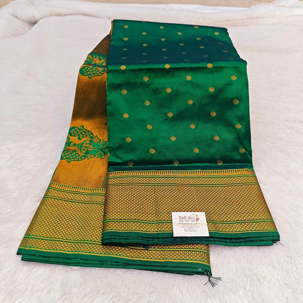 City Center green silk Paithani saree with gold zari peacock border and intricate floral motifs