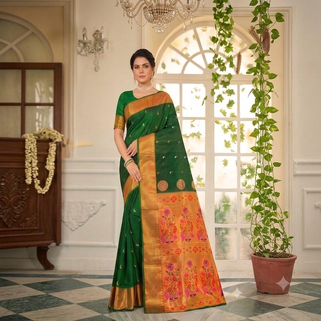 City Center green silk Paithani saree with gold zari Chandrakor border and intricate floral pallu worn by a model