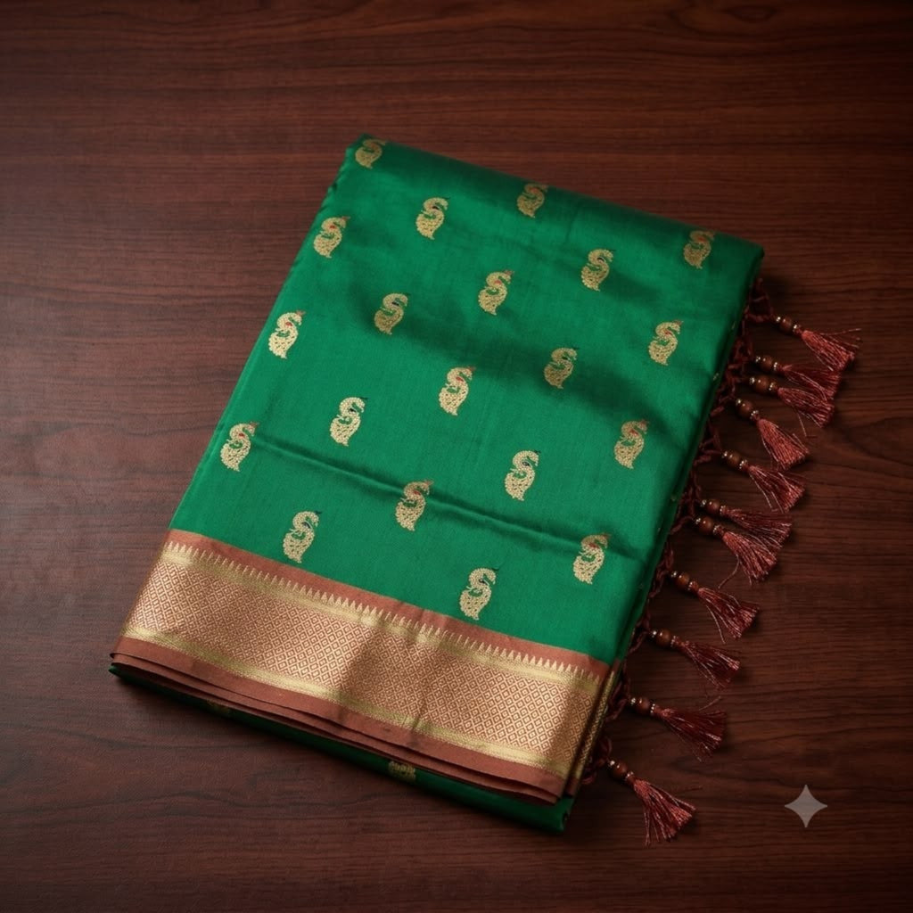 City Center emerald green pure silk Paithani saree with gold zari border and intricate peacock motifs