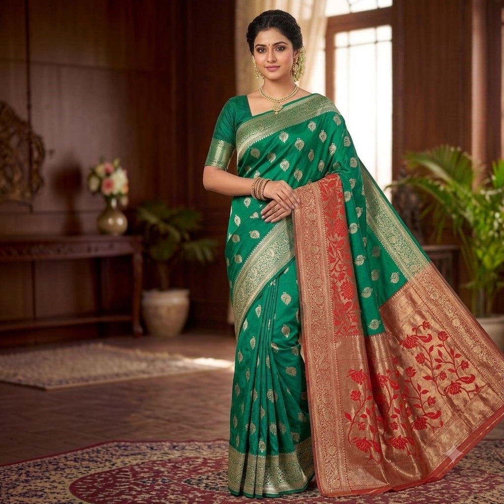 City Center green silk saree with red zari border and intricate woven floral motifs worn by a woman in a formal setting