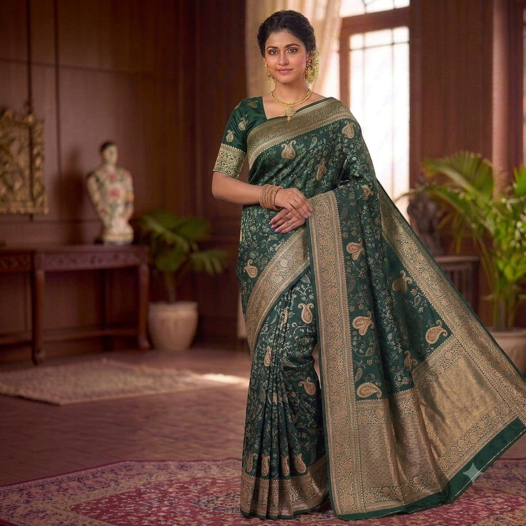 City Center dark green silk saree with intricate gold zari woven paisley motifs and border for formal occasions