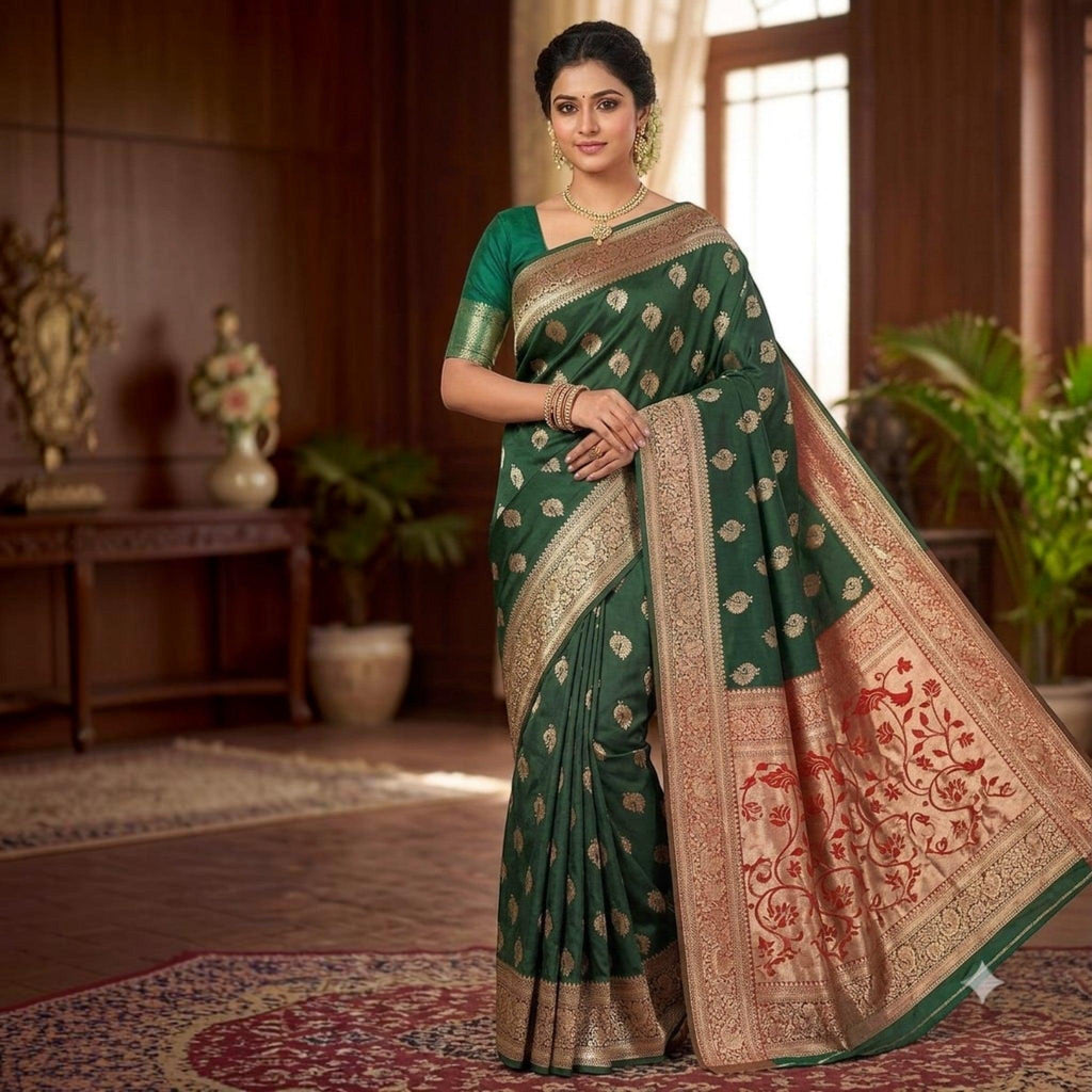City Center dark green silk saree with intricate gold zari woven motifs and a wide floral pallu worn by a woman