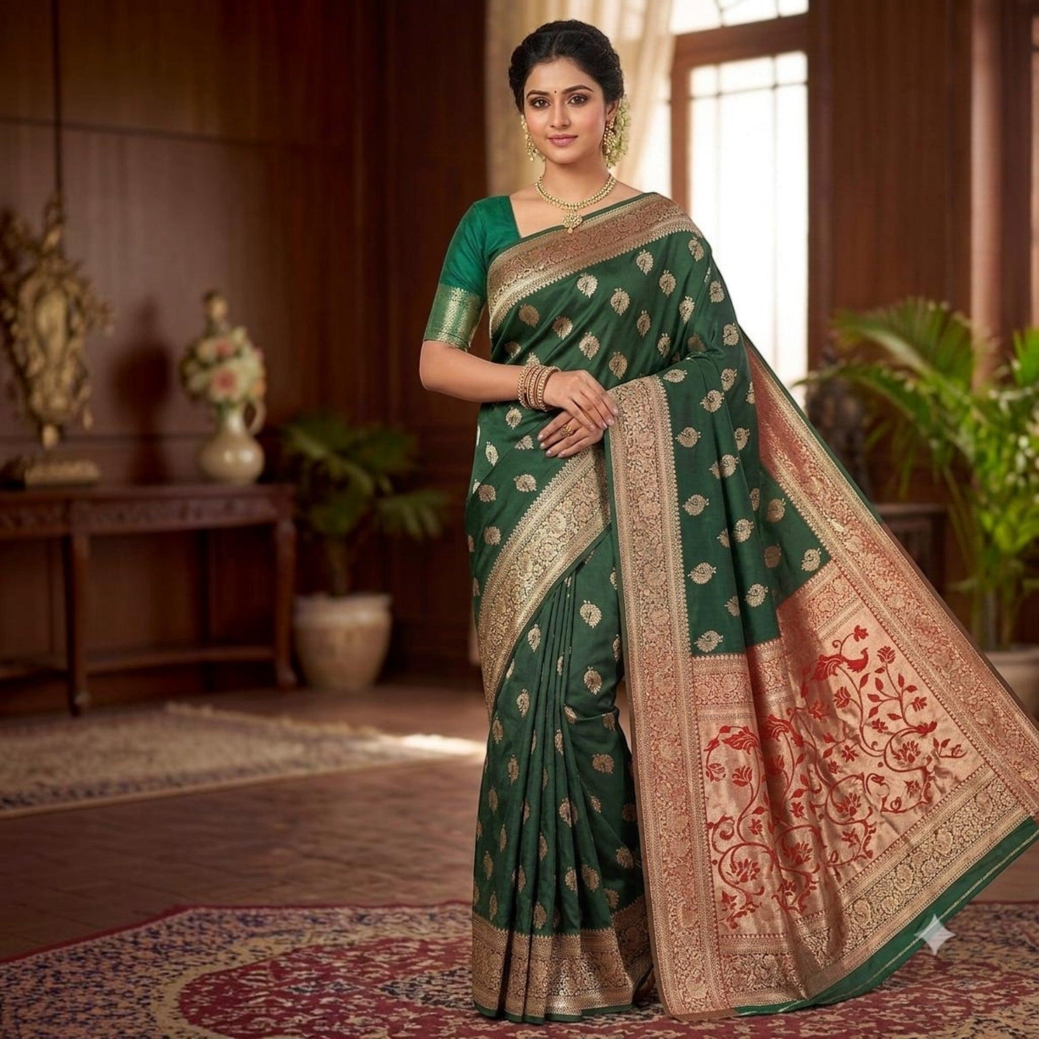 City Center dark green silk saree with intricate gold zari woven motifs and a wide floral pallu worn by a woman