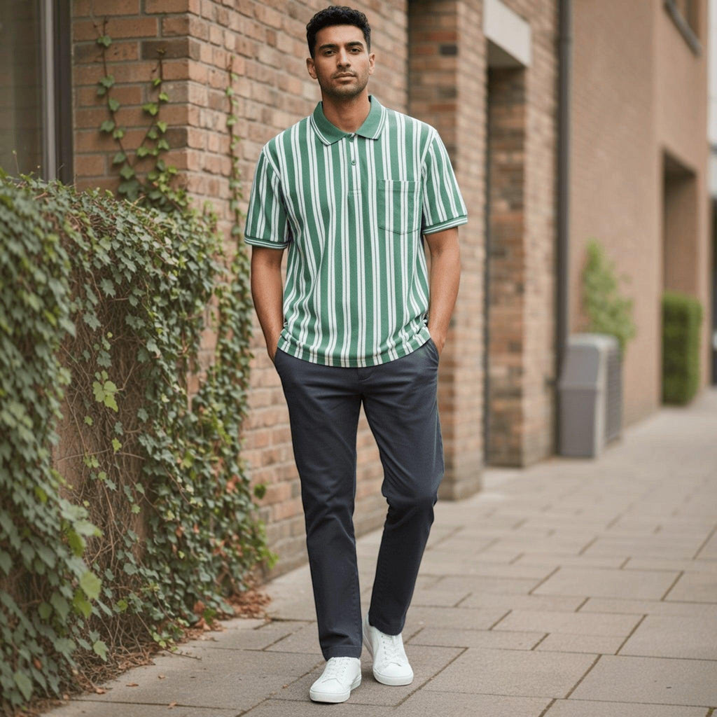 City Center green and white vertical striped polo shirt with a chest pocket worn by a man with dark trousers