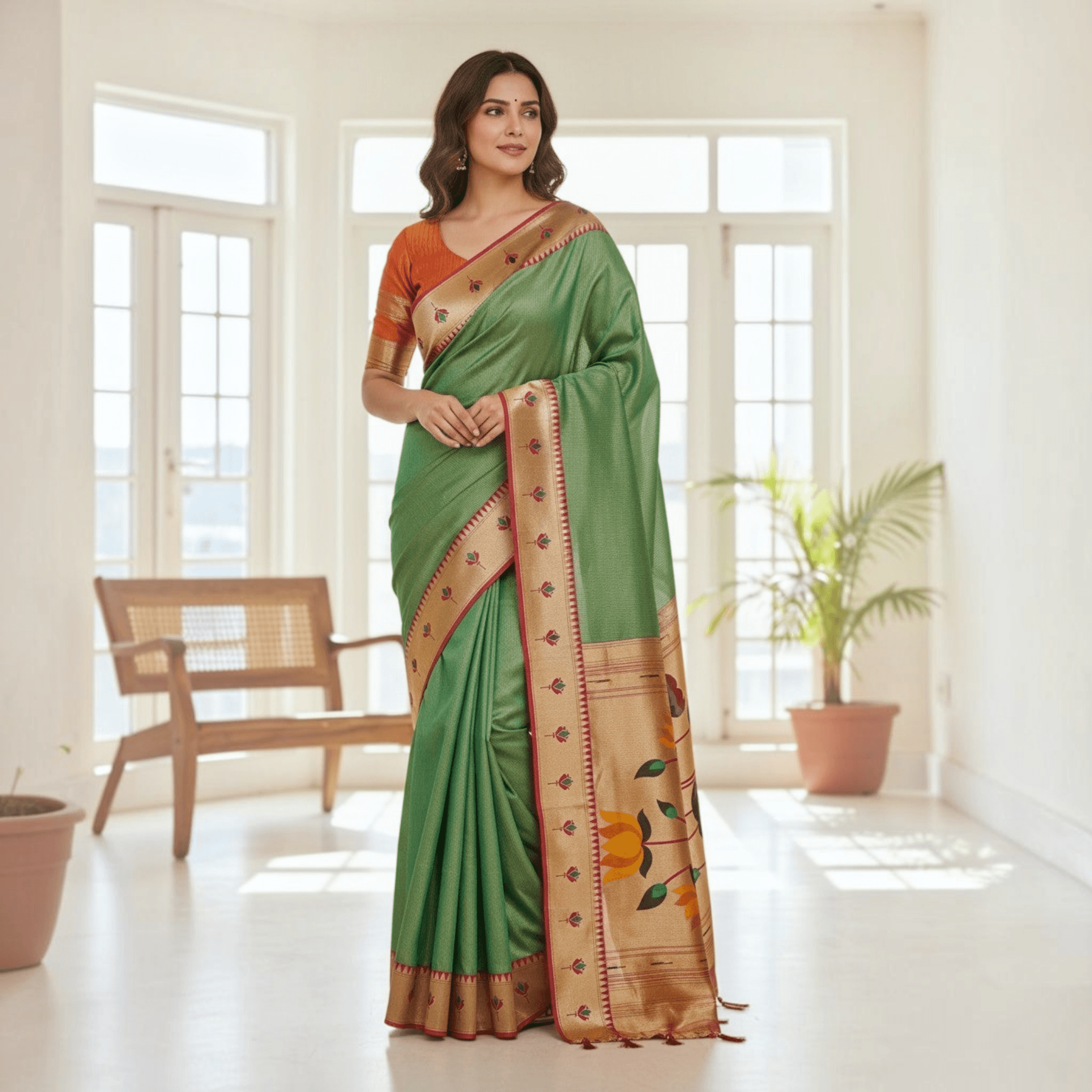 City Center green tissue Paithani saree with lotus motifs and orange blouse worn by a model in a bright room.