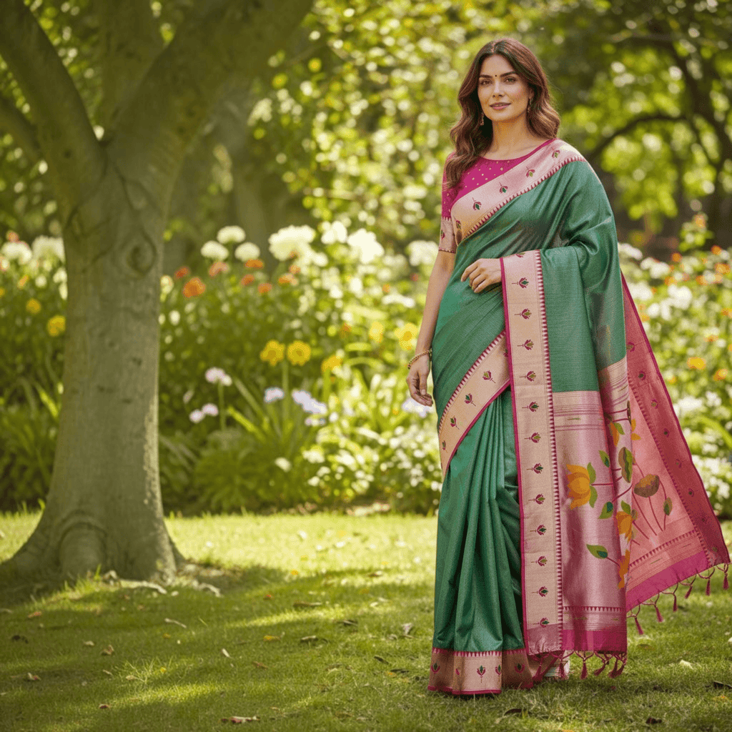 City Center green tissue Paithani saree with pink lotus motifs and border worn by a woman in a garden setting
