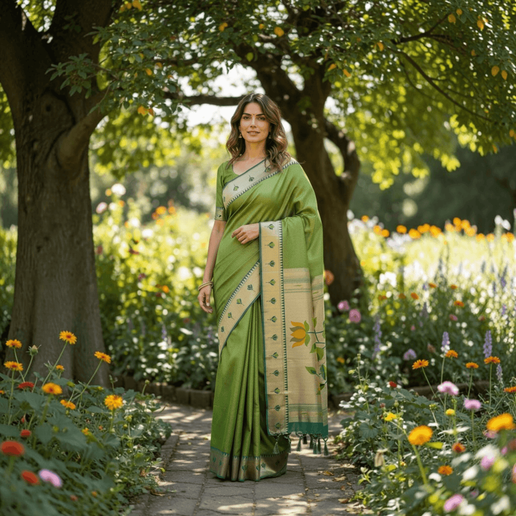 City Center green tissue Paithani saree with lotus motifs and premium blouse piece worn by a woman in a garden