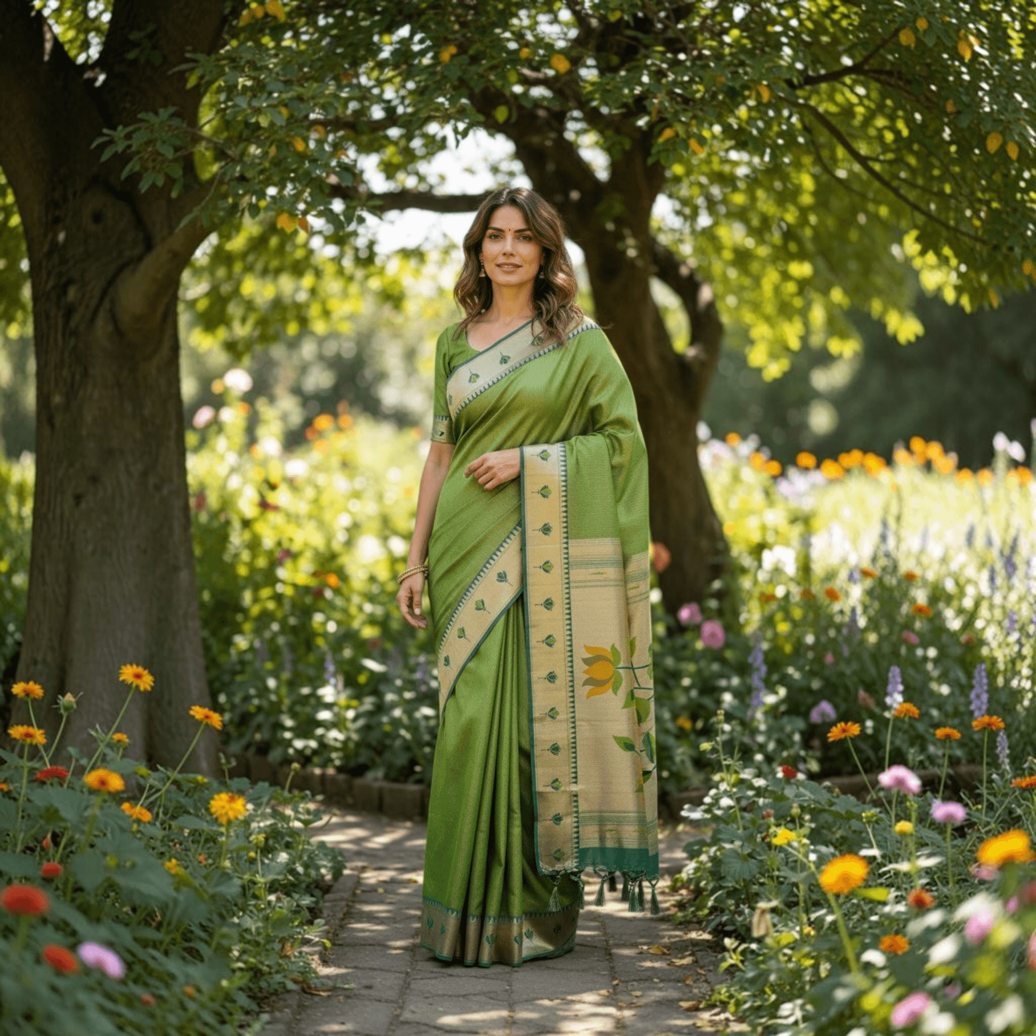 City Center green tissue Paithani saree with lotus motifs and premium blouse piece worn by a woman in a garden