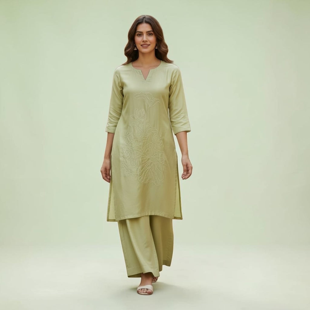 City Center light green Vatican fabric cord set with floral embroidery on the kurti and matching wide-leg pants.