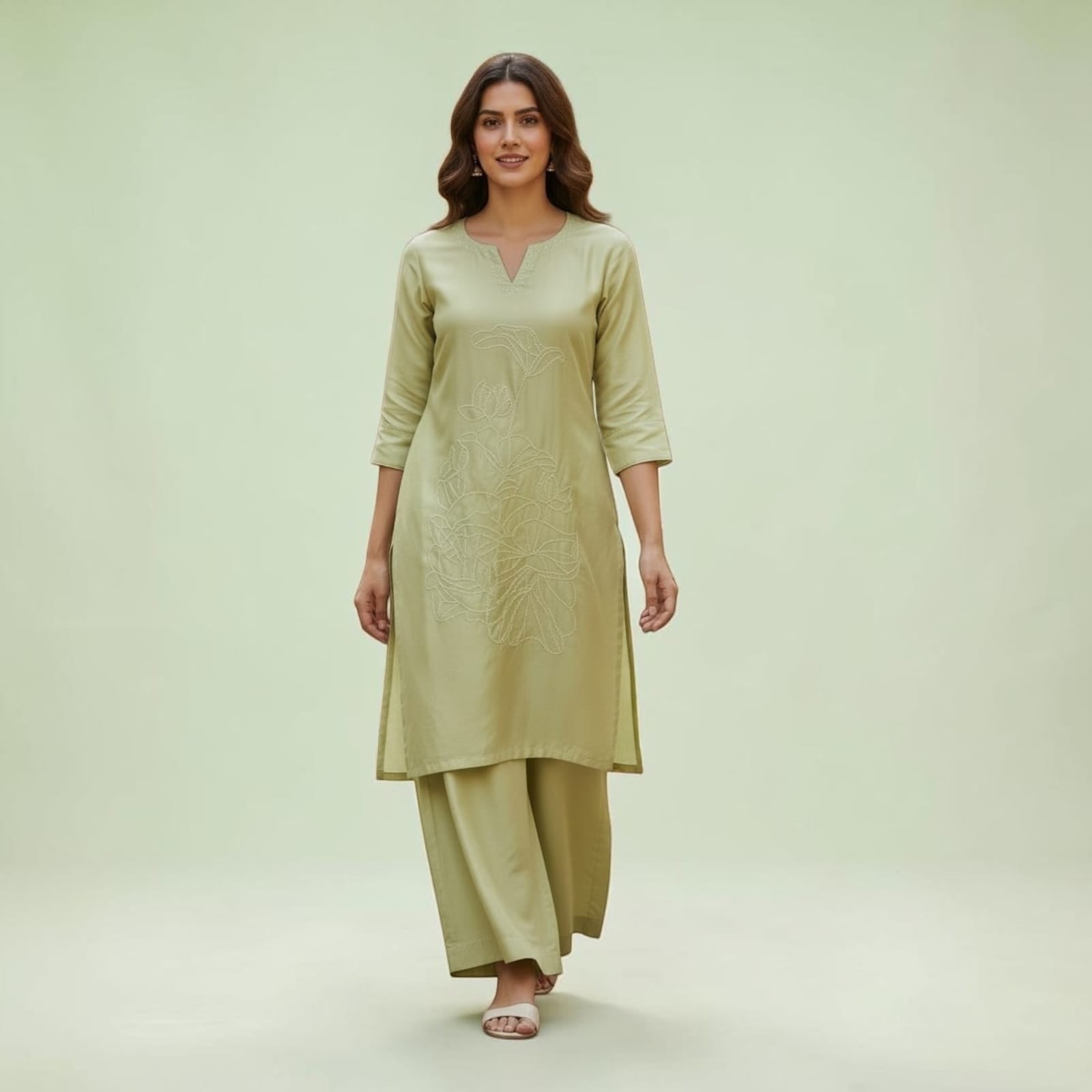 City Center light green Vatican fabric cord set with floral embroidery on the kurti and matching wide-leg pants.