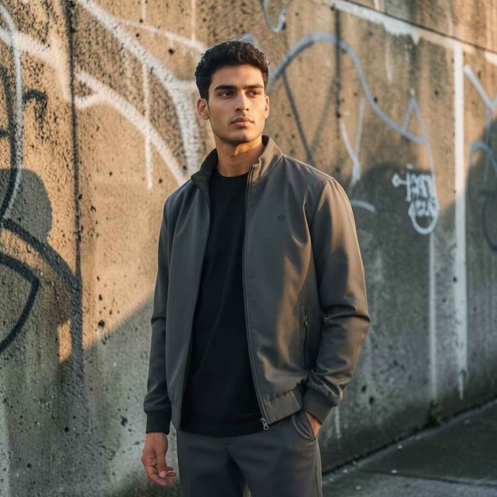 City Center men's grey bomber-style zipper jacket with a tailored fit worn by a man against a graffiti wall.