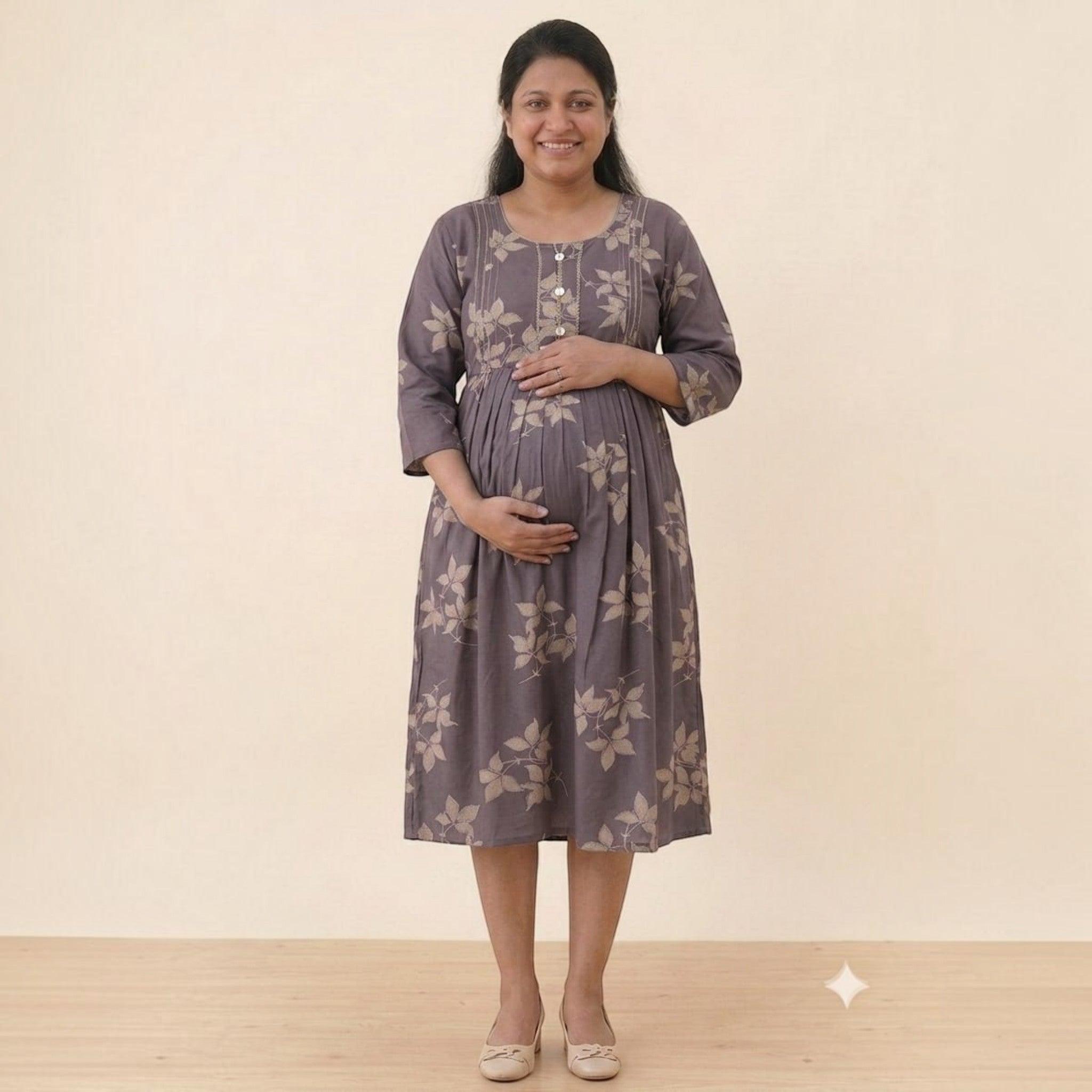 City Center maternity and nursing gown in grey cotton with leaf print and concealed zippers for breastfeeding