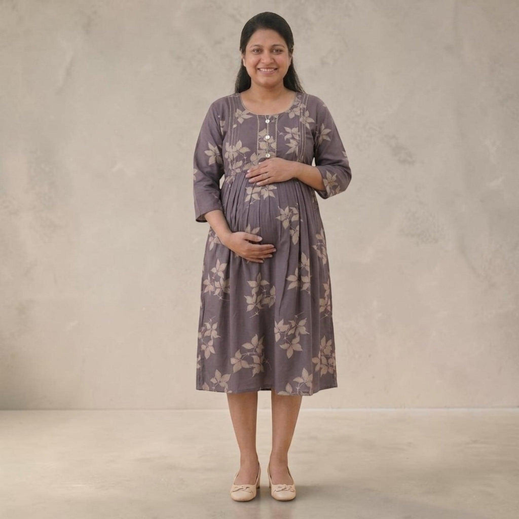 City Center maternity and nursing gown in grey cotton with a beige leaf print, featuring concealed feeding zippers.