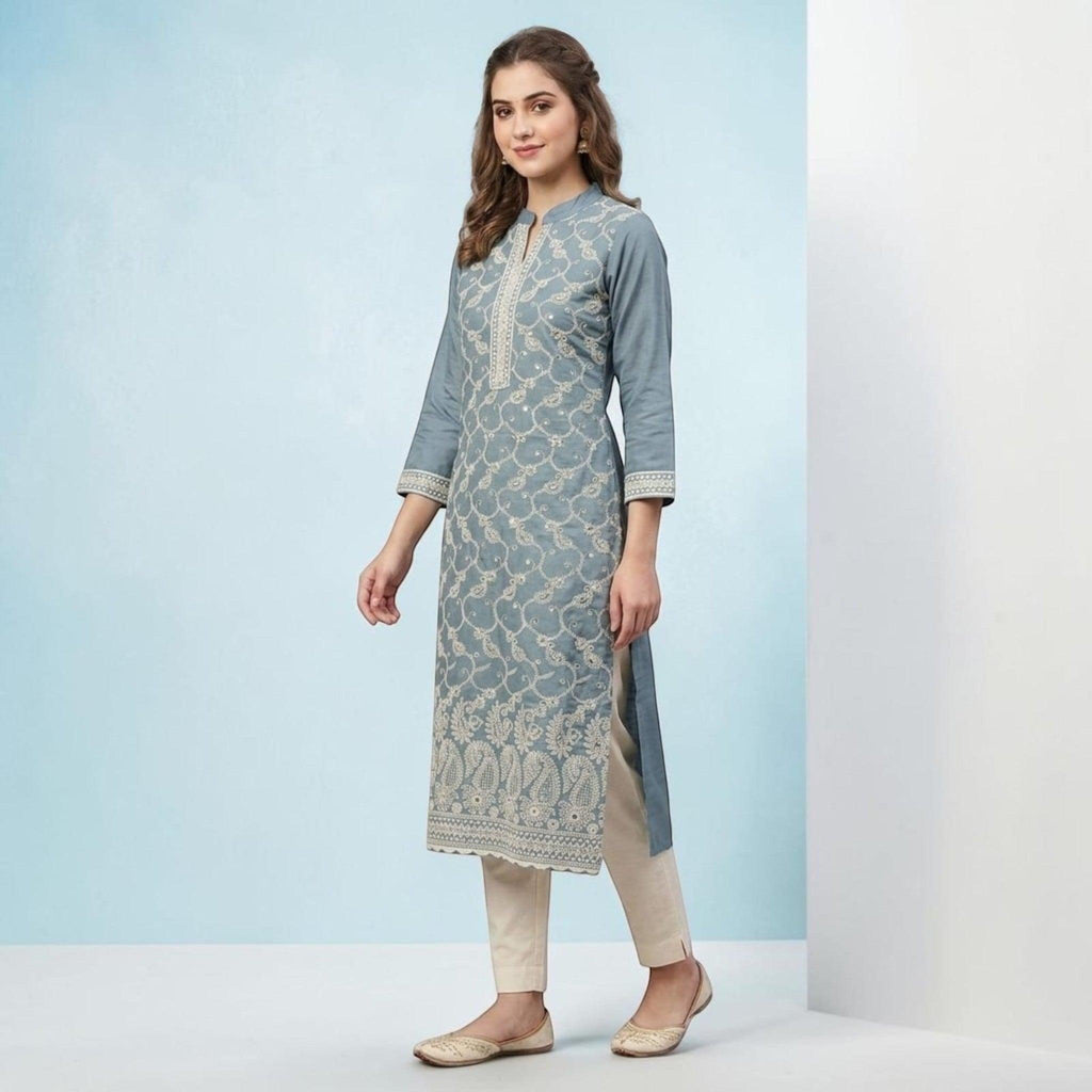City Center grey straight kurta tunic with intricate white embroidery, mandarin collar, and three-quarter sleeves.