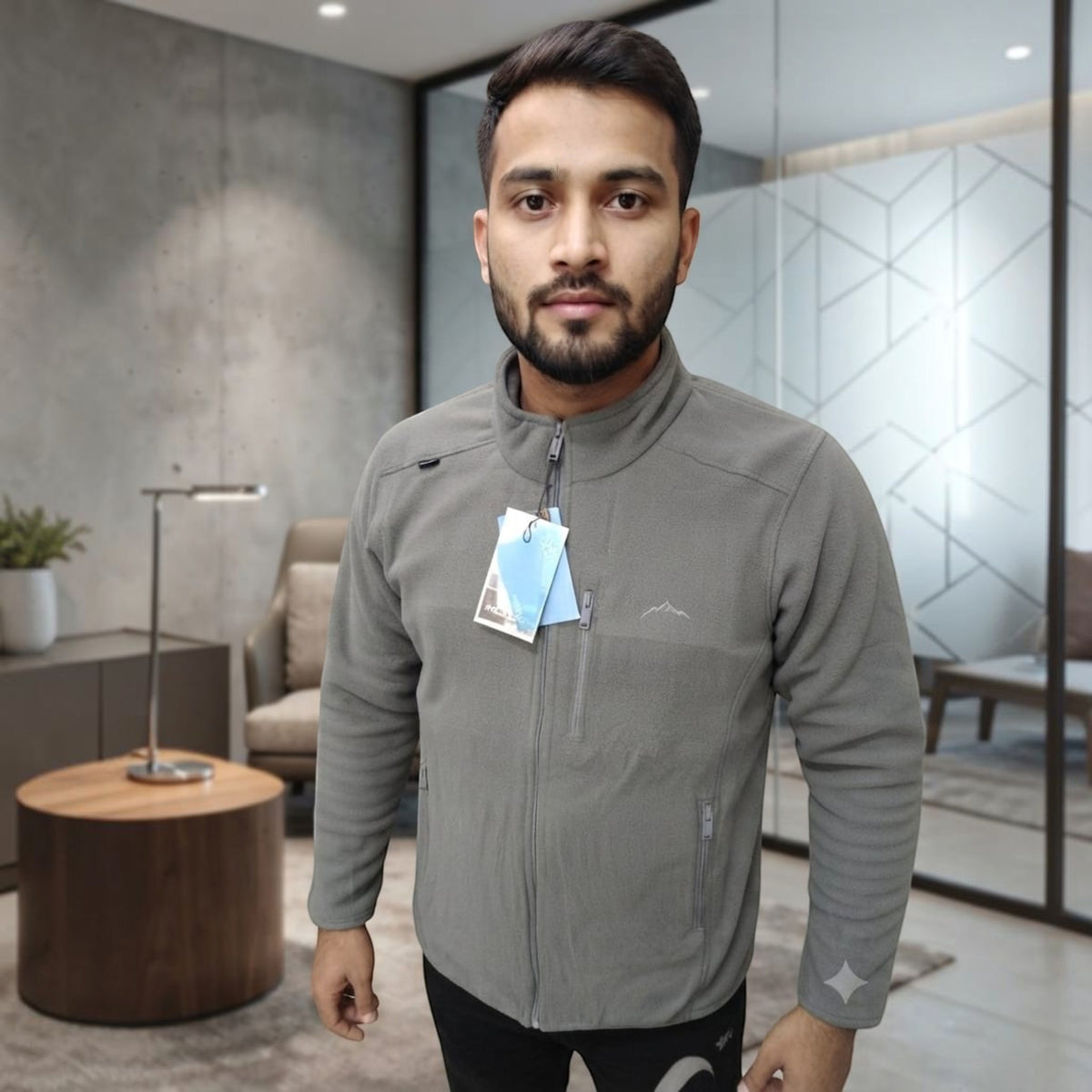 City Center HICCUPS grey anti-piling fleece jacket with a high neck and front zipper worn by a man